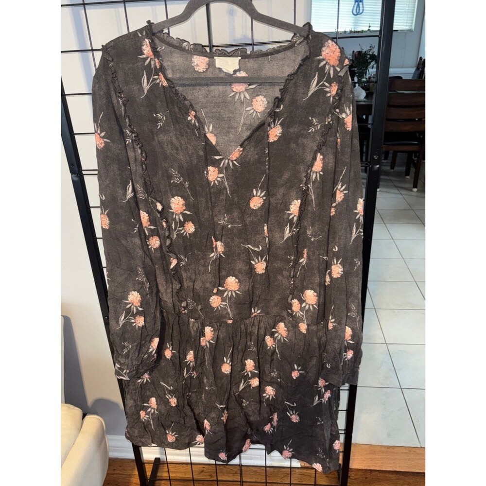 Caslon Gray Floral Long-Sleeve Drop Waist Dress NWOT